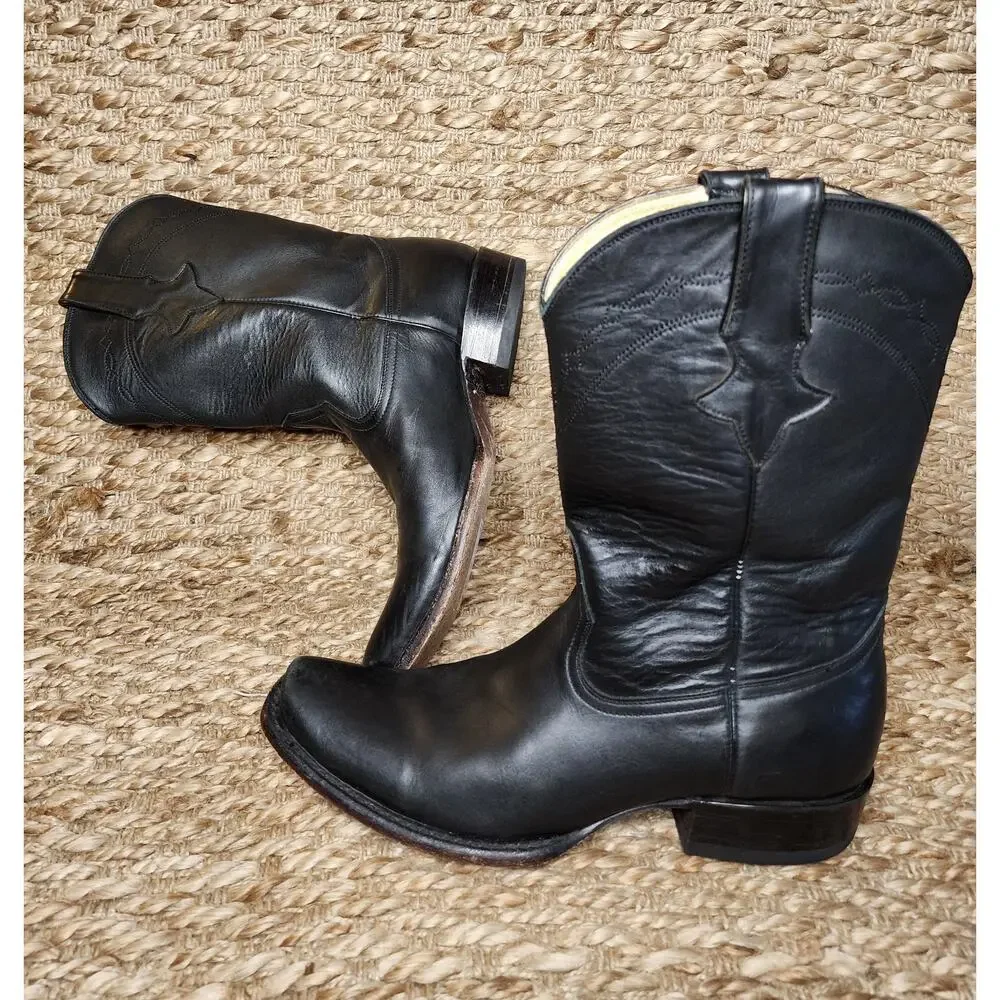 MEN’S BLACK LEATHER BULL RIDER WESTERN COWBOY BOOTS SIZE 9 US HANDMADE MEXICO
